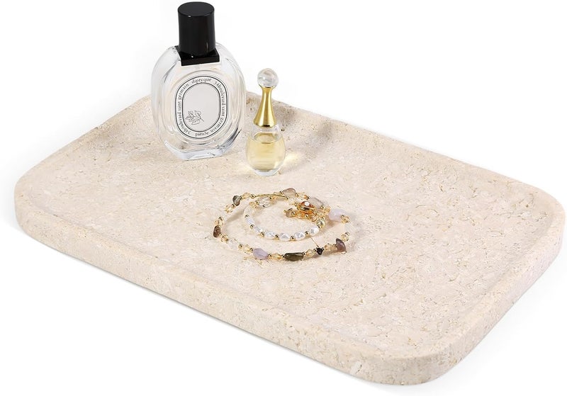 karibiber Natural Marble Vanity Tray, 11.8" Marble/Stone Bathroom Tray Countertop, Beige Tray for Decor, Perfume Jewelry Holder, Storage/Organizer for Kitchen Sink - Image 1
